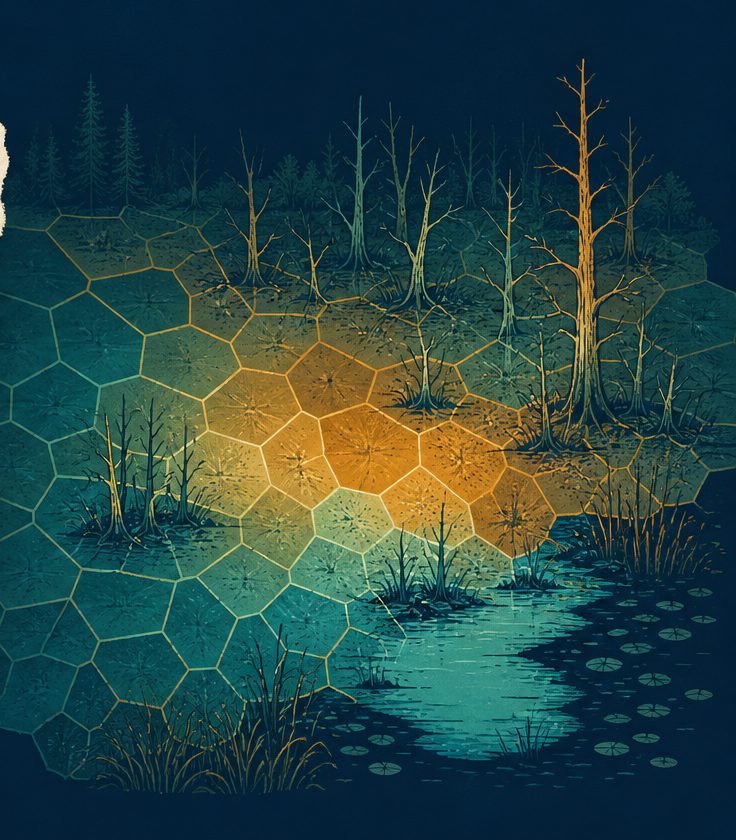 Illustration of a black ash swamp with the hexagon grid of the vulnerability screen drawn across it, warm hexagons marking the most exposed stands