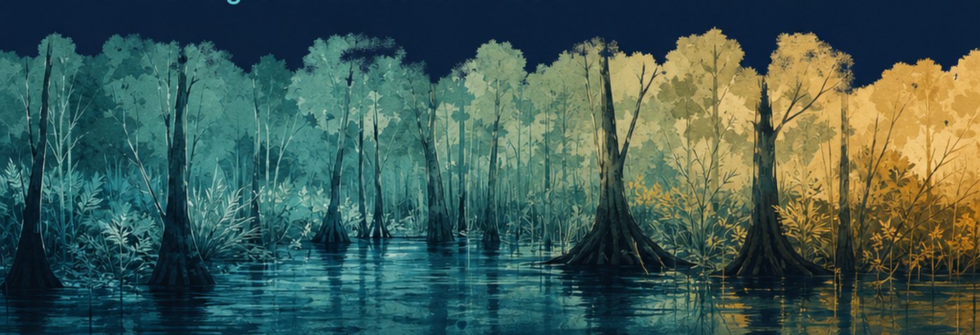 Illustration of a flooded black ash swamp, the canopy on the right turning from green to gold